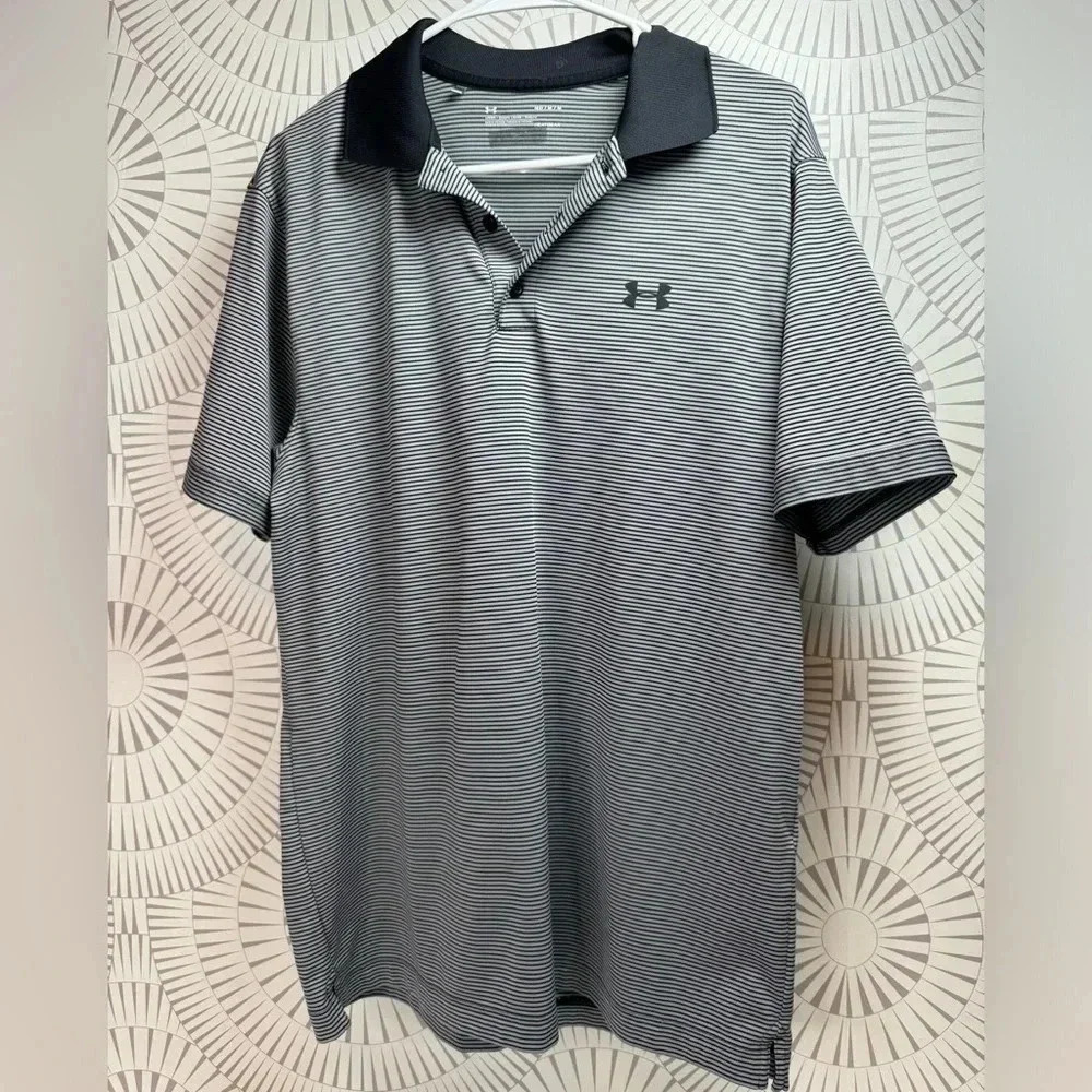 Under Armour Men’s Short Sleeve Polo Shirt Gray and‎ Black Stripe Medium Loose